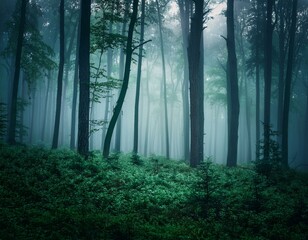 Obraz premium 暗い森の霧背景