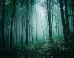 Fototapeta premium 暗い森の霧背景
