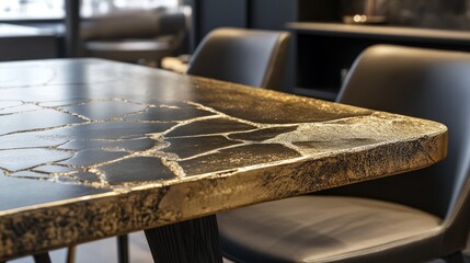 Obraz premium Close-up of a modern table with a unique gold and black resin top.