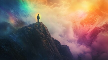 Person contemplates vibrant mountain vista, spiritual journey