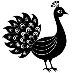 Cute Line Art Peacock Silhouette Black Vector Illustration