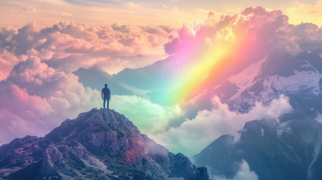 Man atop mountain peak, rainbow, cloudscape, sunrise, hope, inspirational, poster