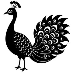 Cute Line Art Peacock Silhouette Black Vector Illustration