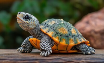 Obraz premium Detailed close-up of a beautifully crafted turtle figurine showcasing realistic textures and vibrant colors against a natural background