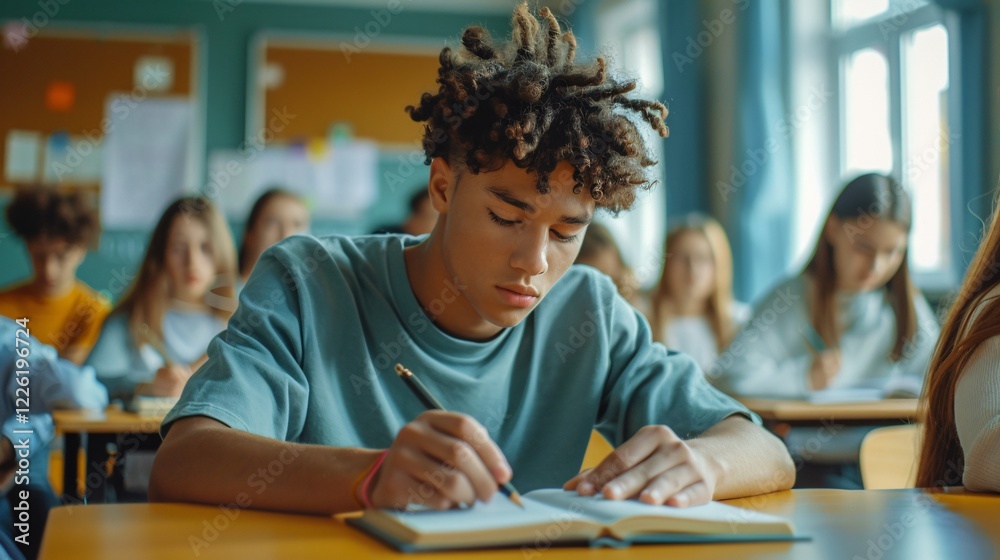 Poster High school student taking notes in a notebook at a desk in a classroom
