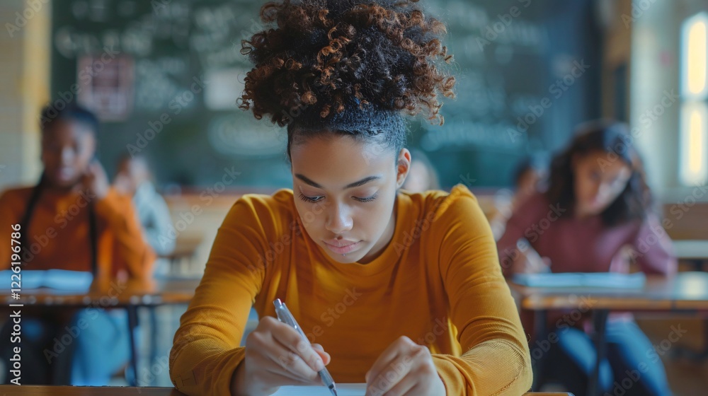 Poster University student is focused on taking a crucial exam in a crowded classroom