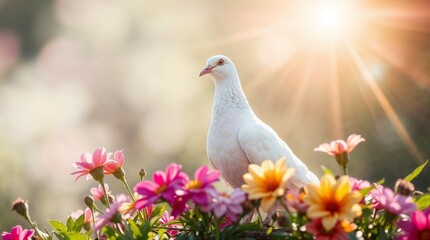 Obraz premium White dove standing among vibrant flowers at sunrise, peace symbolism