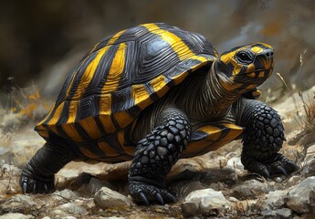 Detailed Close-Up of a Striking Yellow and Black Tortoise on Rocky Terrain with Natural Background and Textured Shell in a Wildlife Setting