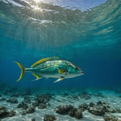 A dolphinfish swimming gracefully in crystal-clear turquoise water.