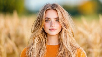 Naklejka premium Blonde woman in wheat field, summer portrait, outdoor. Lifestyle, beauty stock photo