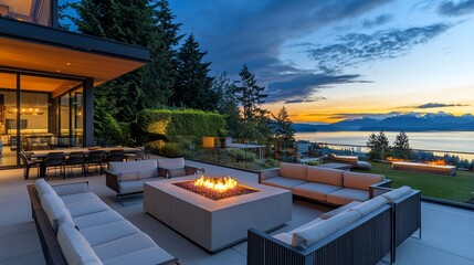 Fototapeta premium Outdoor living at sunset with fire pit and scenic ocean views luxurious home