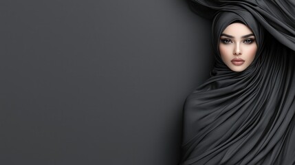 Elegant Woman in Black Hijab, Studio Portrait, Dark Background, Fashion