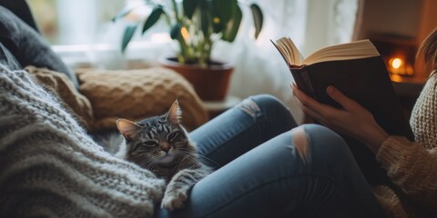 Obraz premium Cozy afternoon of reading by the window with a tranquil cat resting on legs
