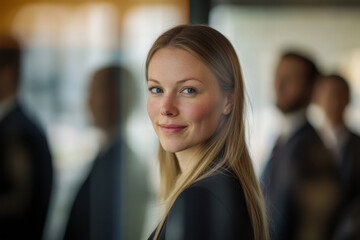 confident businesswoman with long hair smiles while looking into camera, surrounded by blurred figures in professional setting