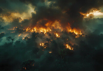 A forest fire is raging with smoke and flames