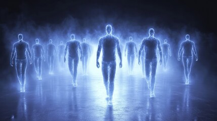 Fototapeta premium Glowing figures walking in a dark, smoky environment.