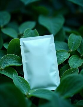 Blank White Stand Up Pouch on a Pond of Green Lotus Leaves