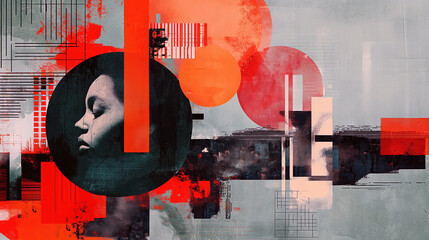 Layered retro collage featuring bold cutout shapes and distressed textures on green gradient background with space for text