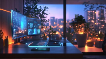 Modern office space in urban night scenery
