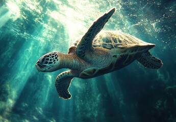 Fototapeta premium Graceful Green Sea Turtle Swimming Through Sunlit Ocean Waters with Rays of Light Filtering Down in a Tranquil Underwater Environment