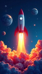 A rocket blasting off into the cosmos with stars and planets in background , cosmic, space, venture