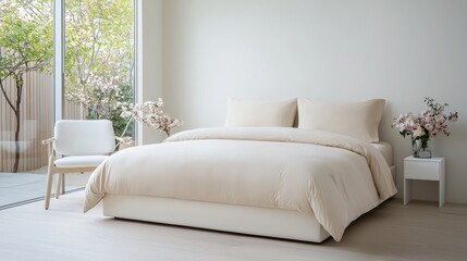 Beige bedding in minimalist bedroom, garden view. Home decor, lifestyle photography