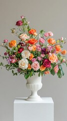 Fototapeta premium A composition of different flowers in a white vase on a square podium.
