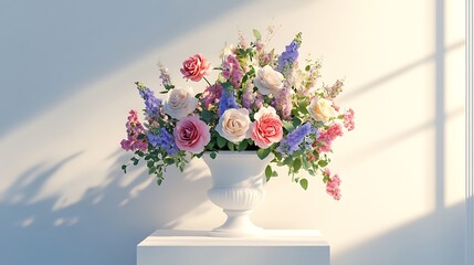 Fototapeta premium A composition of different flowers in a white vase on a square podium.