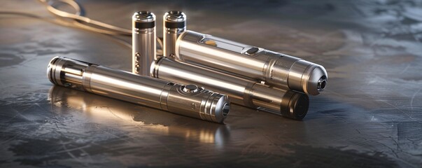 Naklejka premium Several different sized and shaped electronic cigarette mods and spare batteries are laying on a metallic surface