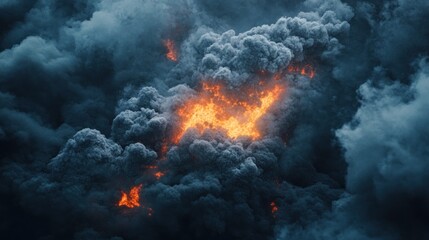 Fototapeta premium Aerial view of massive fire, smoke plume, disaster scene