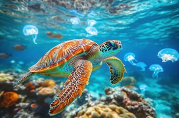 Obraz premium Graceful sea turtle swimming among colorful coral reefs and ethereal jellyfish in clear ocean water, showcasing vibrant marine life and underwater beauty
