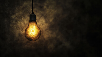 glowing light bulb illuminates dimly lit room, creating eerie atmosphere. warm light contrasts with dark, textured background, enhancing mysterious vibe