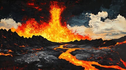 Volcanic eruption landscape, fiery lava flow, dark sky, game background