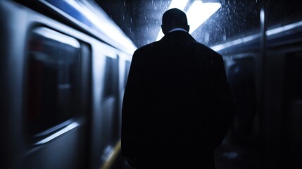 Man in black suit waits at a moving subway platform during rainy evening commute