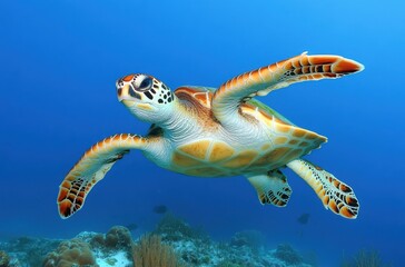 Obraz premium Graceful Sea Turtle Swimming in Clear Blue Ocean with Vibrant Coral Reef Below Creating a Stunning Underwater Scene of Marine Life
