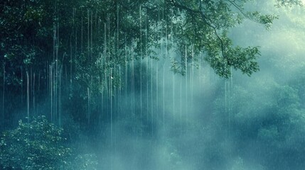 Rain falling through forest canopy, misty background, nature scene, website banner