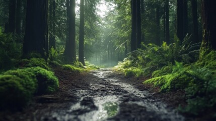Obraz premium Forest path, misty morning, lush greenery, adventure