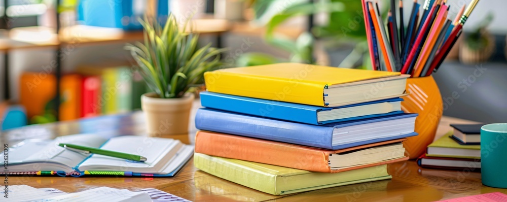 Poster Stack of colorful books is inviting to reading and studying on a desk
