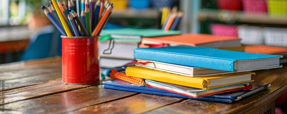 Poster colorful books and pencils are neatly arranged on a wooden desk in a classroom, ready for students t