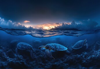 Graceful Sea Turtles Swimming Underwater at Sunset with Dramatic Sky and Ocean Waves in Clear Waters of Tropical Ocean for Nature and Wildlife Lovers
