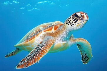 Fototapeta premium Graceful Sea Turtle Swimming Underwater with Vibrant Blue Background and Clear Water, Capturing the Beauty of Marine Life and Ocean Ecosystem