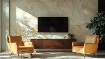 Sunlit Living Room With Tan Leather Armchairs, A Dark Wood Media Console, And A Flat-Screen TV Mounted On A Marble Wall.  A Calm, Sophisticated Atmosphere.