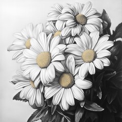 Beautifully drawn black and white daisies with golden centers form an elegant bouquet, capturing the simplicity and timelessness of floral design in monochrome shades.