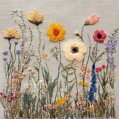 A beautifully textured piece of art featuring an intricate embroidered design of wildflowers against a neutral background, evoking a sense of nature&rsquo;s delicate beauty.