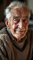 Elderly man in cozy sweater smiling warmly indoors with natural lighting