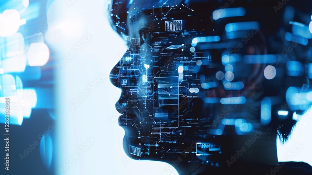 Poster Software engineer's profile with overlay of computer code reflecting his thought process