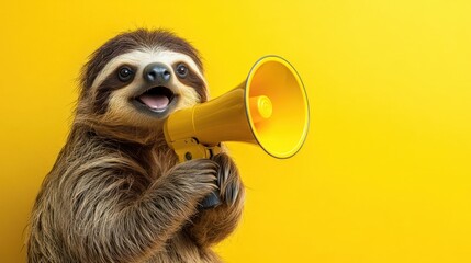Happy sloth holding a yellow megaphone against a yellow background.