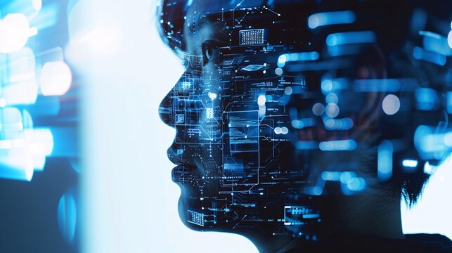 Software engineer's profile with overlay of computer code reflecting his thought process