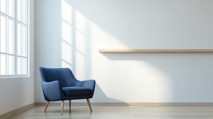 Fototapeta premium A Minimalist Room With A Blue Armchair, Wooden Shelf, And Sunlight Streaming Through A Window. Clean, Calm, And Inviting.