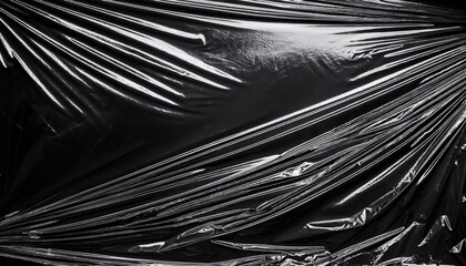 High Contrast Study of Textured Wrinkled Plastic Wrap Against a Dark Backdrop, Showcasing Intricate Details and Subtle Shadows in CloseUp.